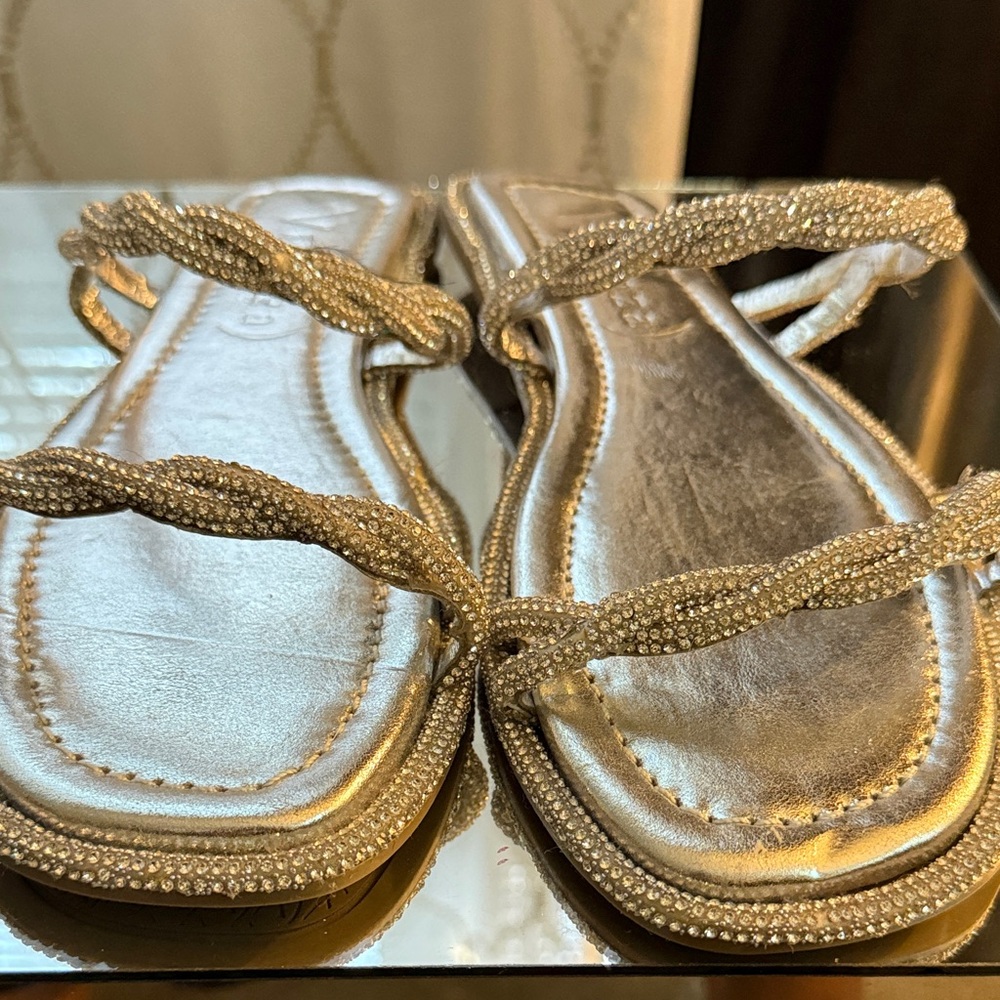 Rhinestone Braided Gold Slide Sandals